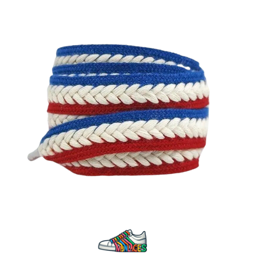 Lacets plats reliefes bleu et blanc rouge